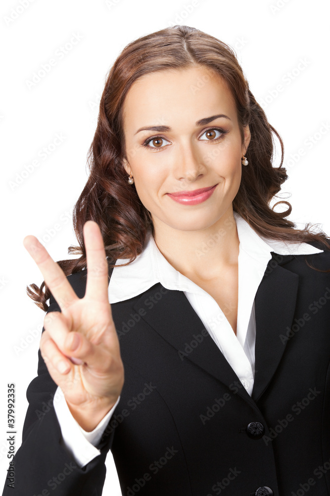 Businesswoman showing two fingers, on white Businesswoman showing two fingers, on white
