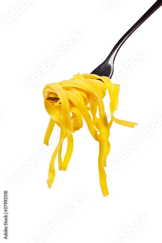 Italian pasta on fork isolated over white background.