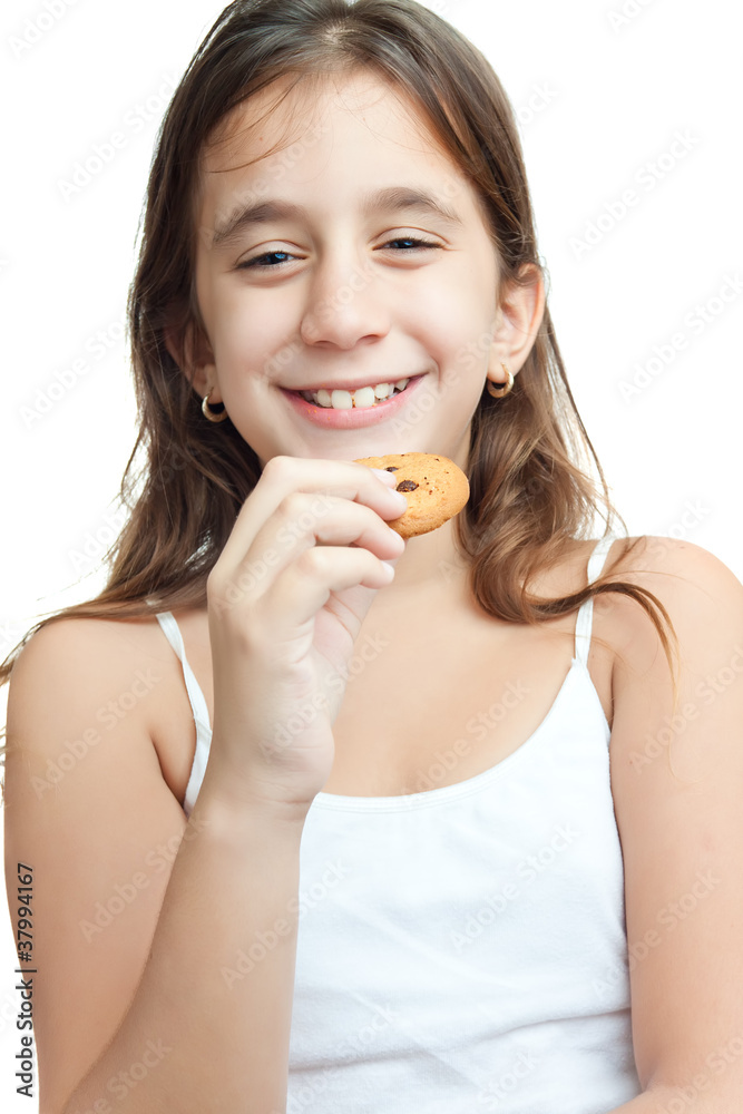 Girl eating a chocolate chips cookie isolated on white Girl eating a chocolate chips cookie isolated on white