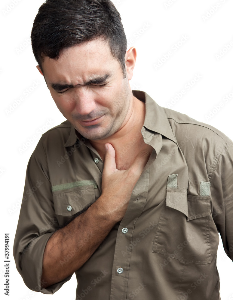 Hispanic man with a chest pain isolated onwhite Hispanic man with a chest pain isolated onwhite