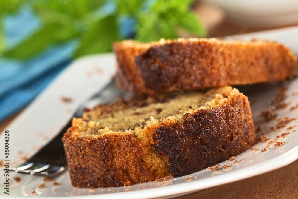 Fresh homemade slices of pound cake with chocolate Fresh homemade slices of pound cake with chocolate