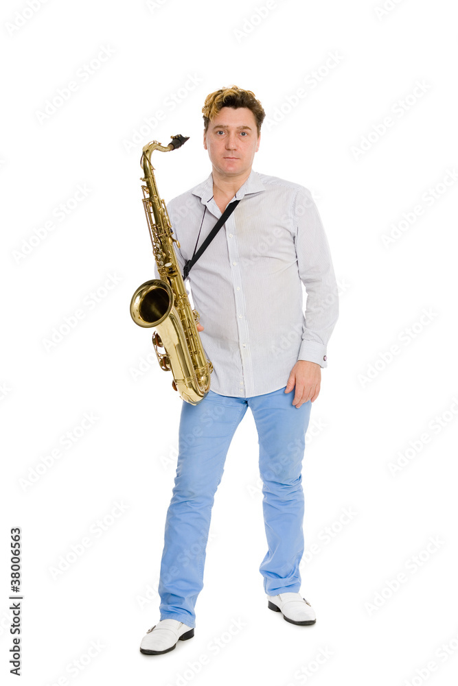 Naklejka premium Portrait of a young man with a saxophone