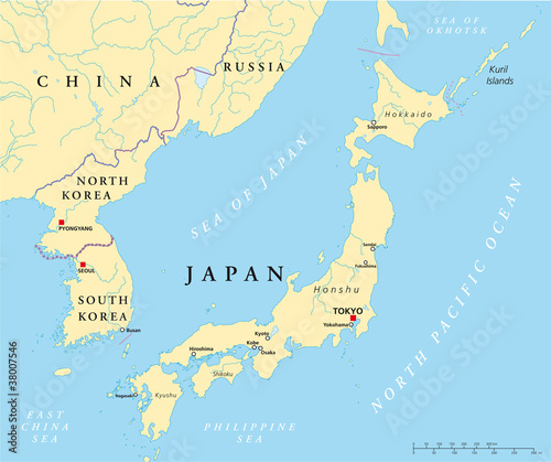 Japan, North and South Korea political map with capitals Tokyo, Pyongyang and Seoul, with national borders, rivers and lakes. Illustration with english labeling. Vector.