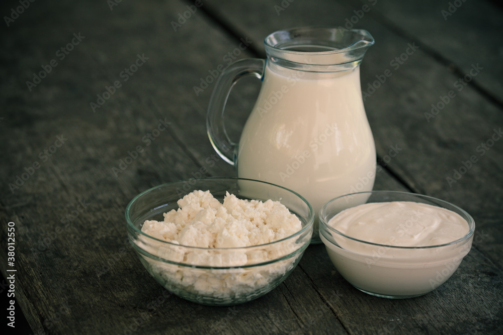 Dairy products on wooden table Dairy products on wooden table