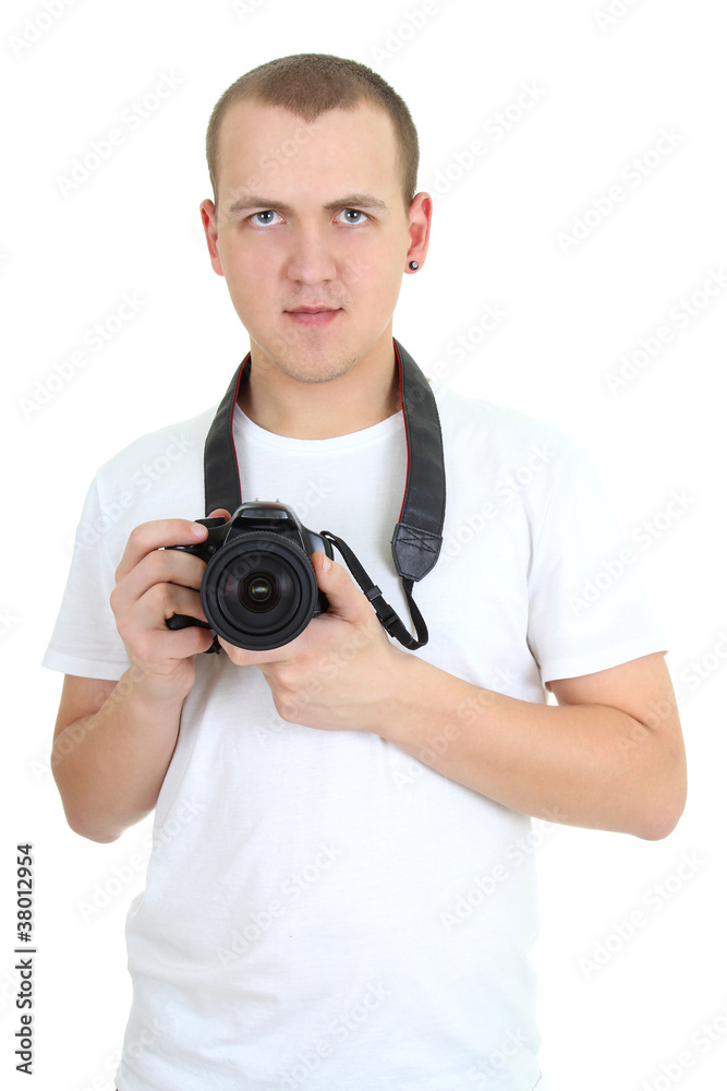 photographer with dslr camera isolated over white photographer with dslr camera isolated over white