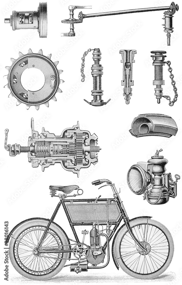 Vintage motorcycle drawing and engine parts