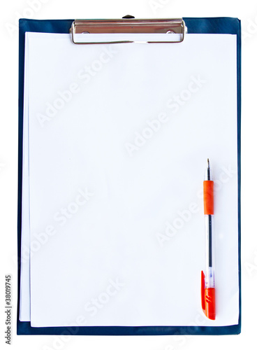 Dark blue file with shite paper isolated over white background .