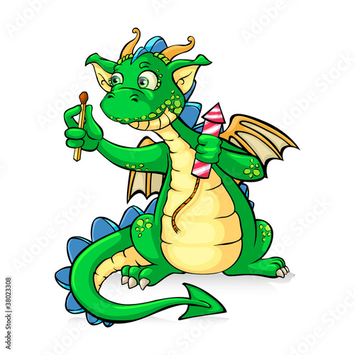 Funny green dragon holding fireworks - in vector