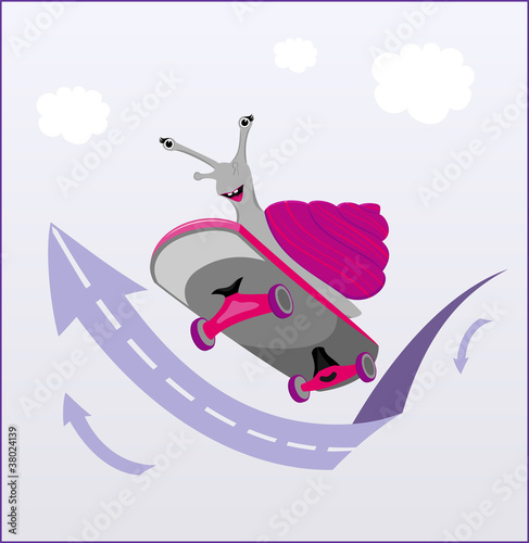 snail rides skateboard, happy character, funny joke