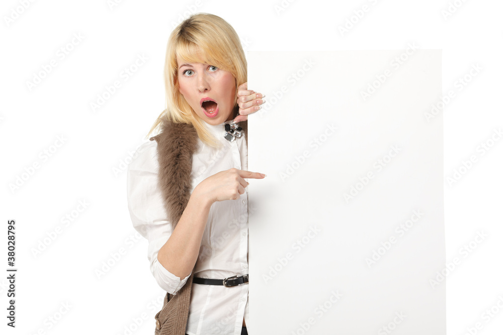 Surprised business woman holding the blank board Surprised business woman holding the blank board