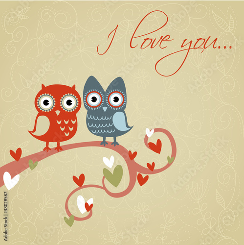 Valentine love card with owls and hearts