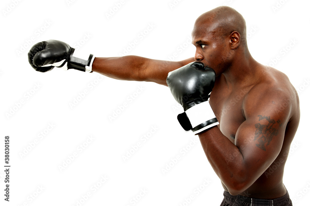 Foto Stock Attractive Black Male Boxer Over White Adobe Stock