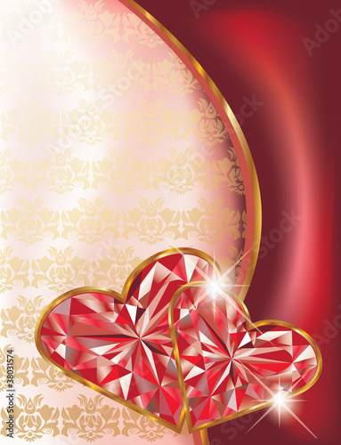 Love card with two ruby hearts, vector illustration