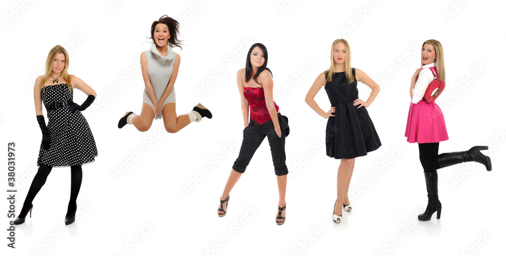 group of beautiful woman and one crazy girl jumping