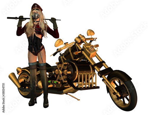 sexy Frau im Motorradkleidung mit Motorrad photo