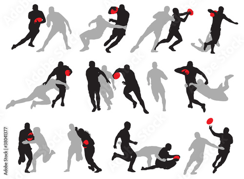 Rugby action group poses silhouette 01