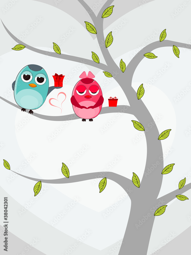 Vector illustration of two love birds  sitting on tree with gift