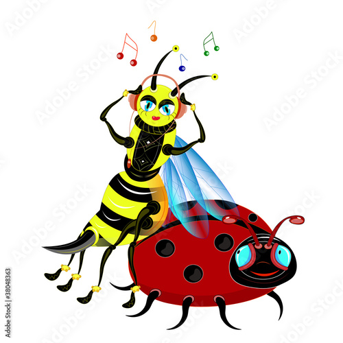The bee listens to music.