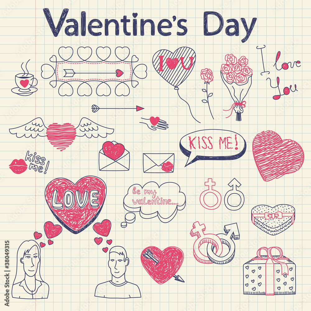 Valentine doodles set. Vector illustration.