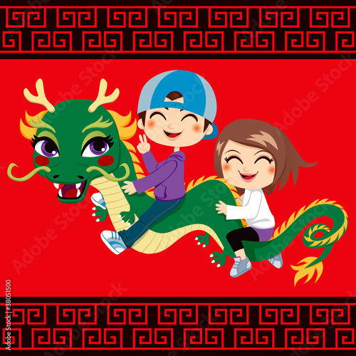 Two children riding new yea...