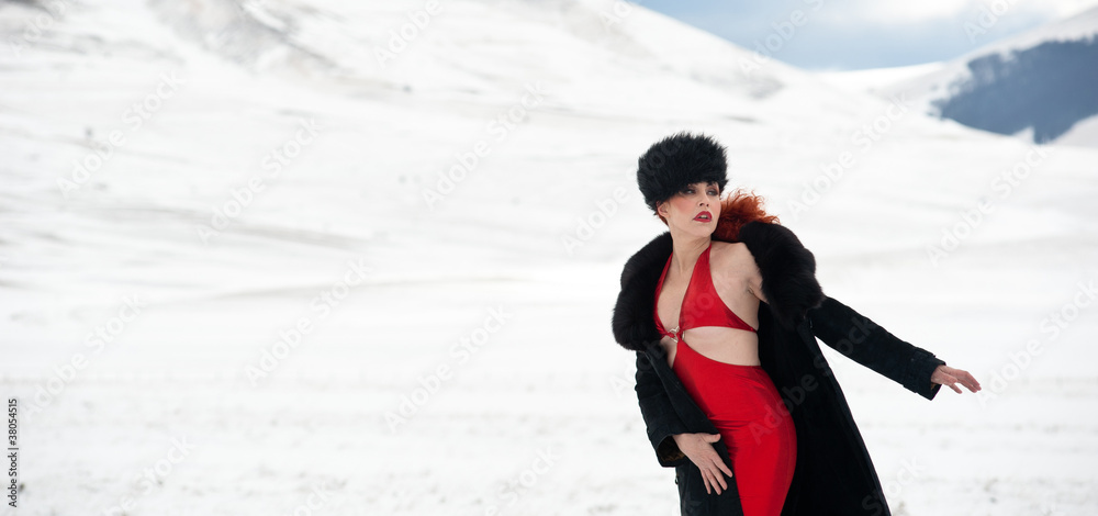 Portrait of beautiful woman with snow.