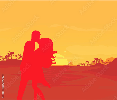 silhouette couple kissing on tropical beach