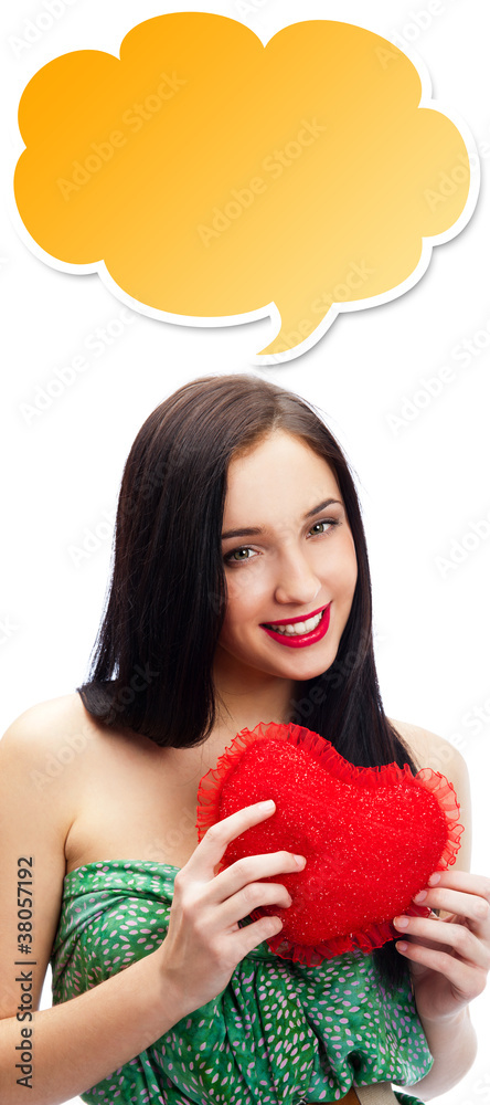 Young happy smiling woman with heart symbol, isolated. Blank clo Young happy smiling woman with heart symbol, isolated. Blank clo