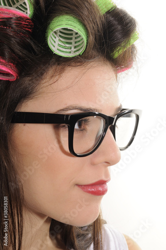 young woman profile with curlers