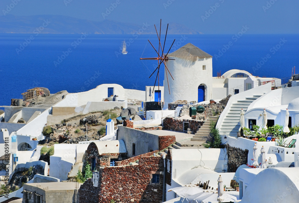 Traditional village of Thira at Santorini island in Greece
