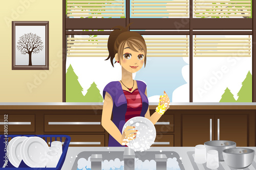 Housewife washing dishes