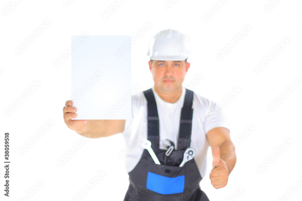 Confident worker presenting empty board and singing ok. Confident worker presenting empty board and singing ok.