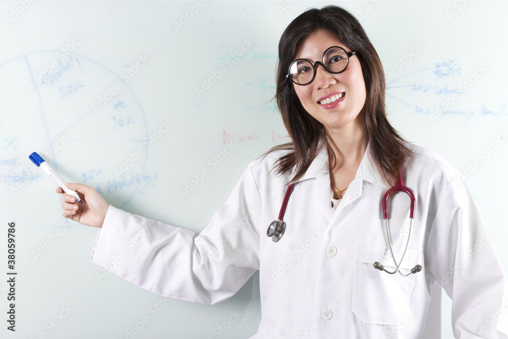 Doctor teaching. Female doctor pointing on white board. Doctor teaching. Female doctor pointing on white board.