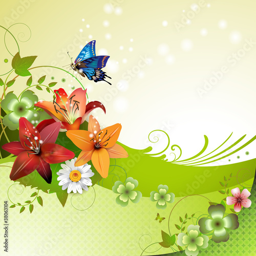 Springtime background with flowers and butterflies