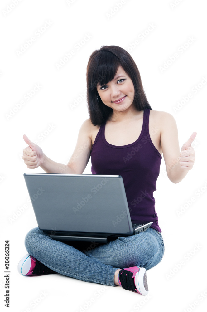 Cute Female With Laptop Giving Thumbs Up Sign Cute Female With Laptop Giving Thumbs Up Sign