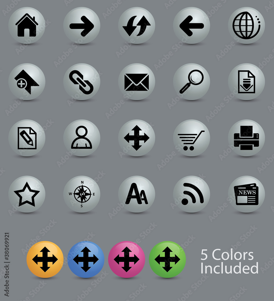 Navigation icon set with 5 different colors glossy button.