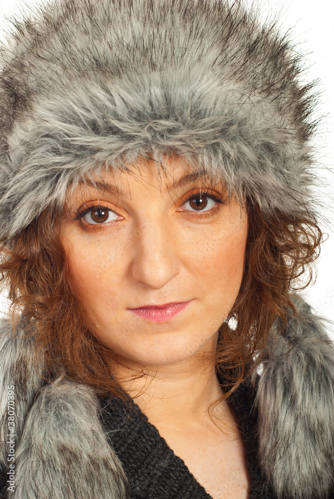 Close up of redhead in fur hat Close up of redhead in fur hat