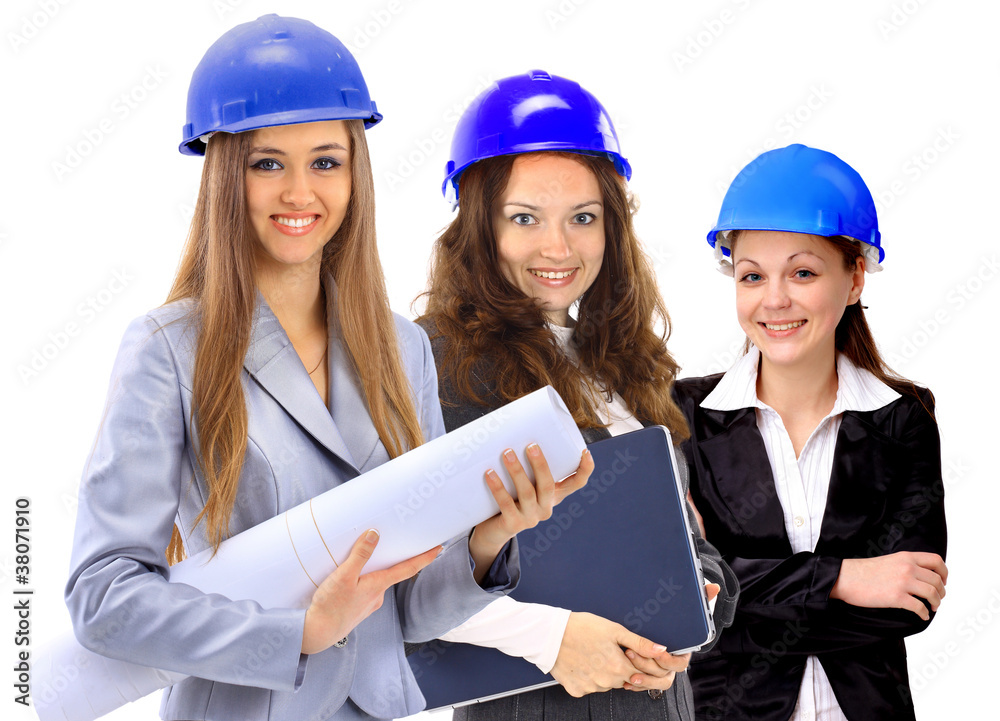Three women architect team. Isolated on a white Three women architect team. Isolated on a white