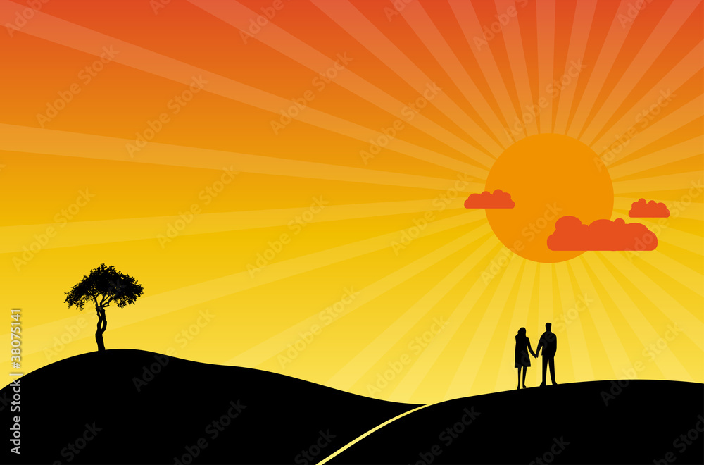 She and he at sunset. Vector illustration.