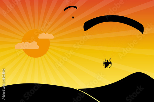 Paragliders at sunset. Vector illustration.