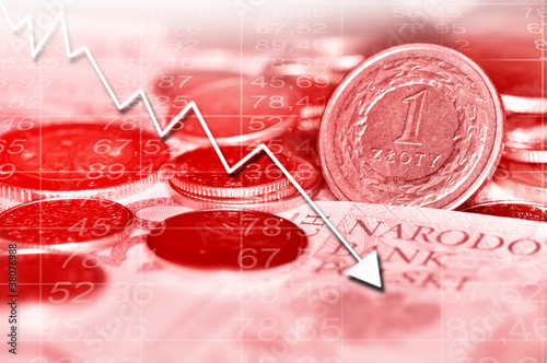Arrow graph going down and polish currency in background