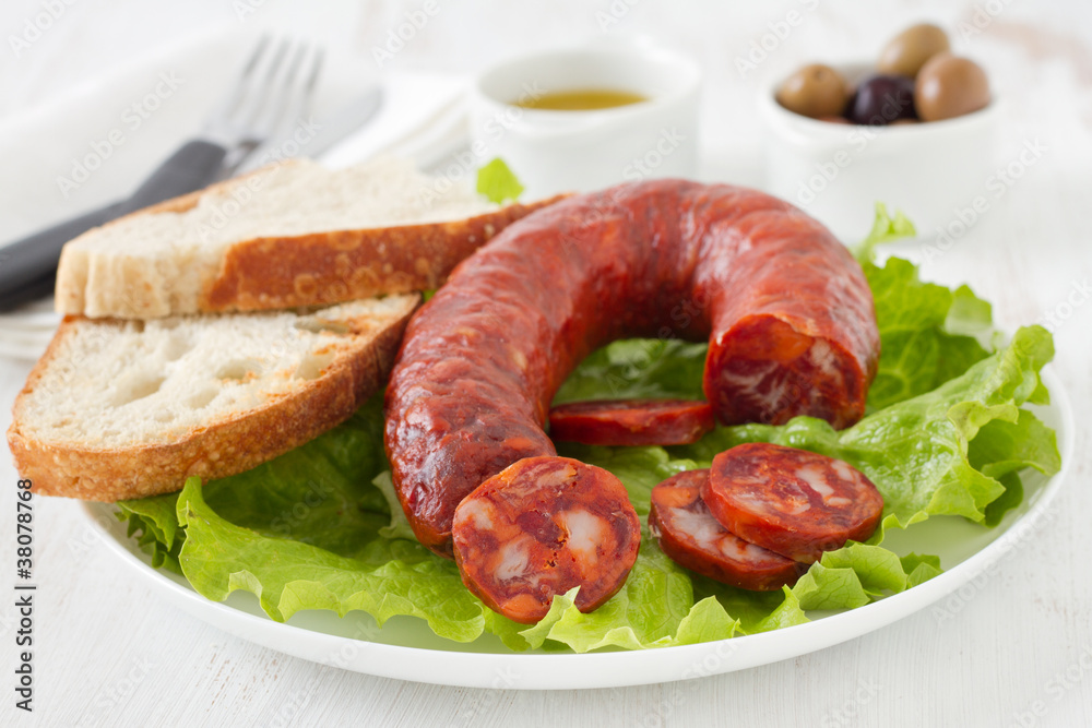 sausage with bread on the plate sausage with bread on the plate
