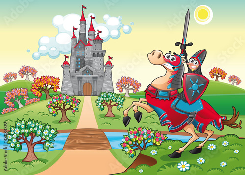 Panorama with medieval castle and knight. Vector illustration.