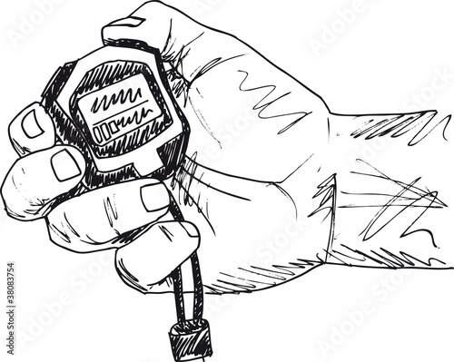 Sketch of Male hand holding a stopwatch. Vector illustration