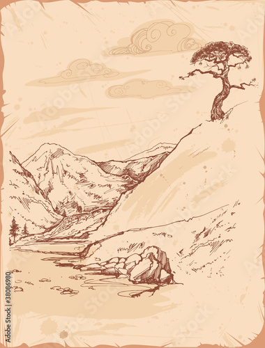 Hand-drawn vector illustration of mountains