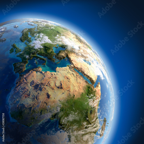 Fototapeta Naklejka Na Ścianę i Meble -  Earth with high relief, illuminated by the sun