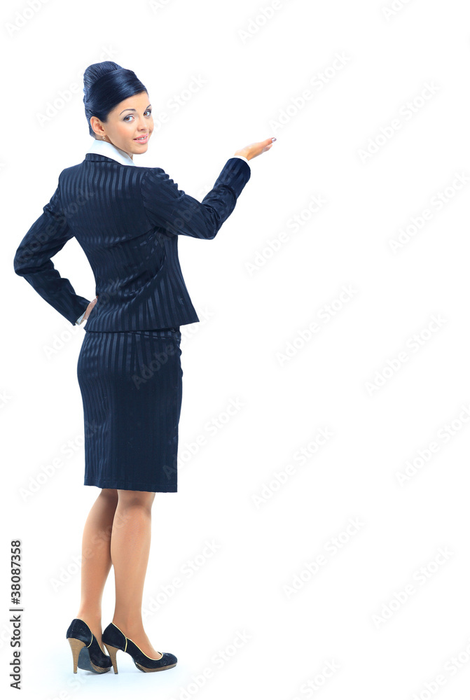 Smiling business woman pointing and presenting, Smiling business woman pointing and presenting,