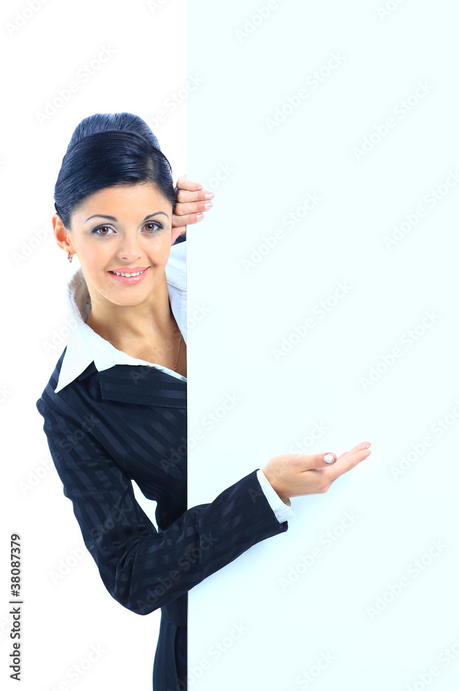 Happy smiling young business woman showing Happy smiling young business woman showing