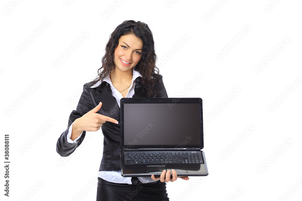 businesswoman showing a laptop screen with copyspace businesswoman showing a laptop screen with copyspace