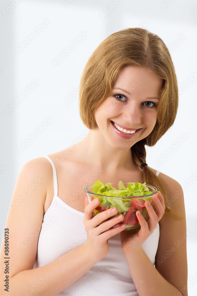 beautiful young woman with vegetable vegetarian salad beautiful young woman with vegetable vegetarian salad