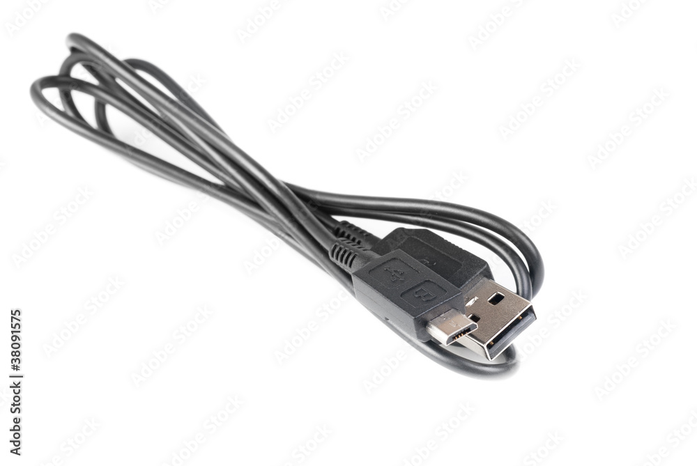 Black computer microusb cables on white background Black computer microusb cables on white background